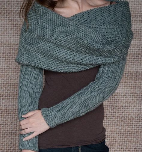 7 Sweater Scarf Patterns: Make a Scarf with Sleeves! - The Yarn Queen Scarf Sweater Wrap, Sleeve Scarf, Scarf Sweater, Pattern Sleeve, Sweater Wrap, Cowl Knitting Pattern, Crochet Shrug, Sweater Scarf, Crochet Wrap