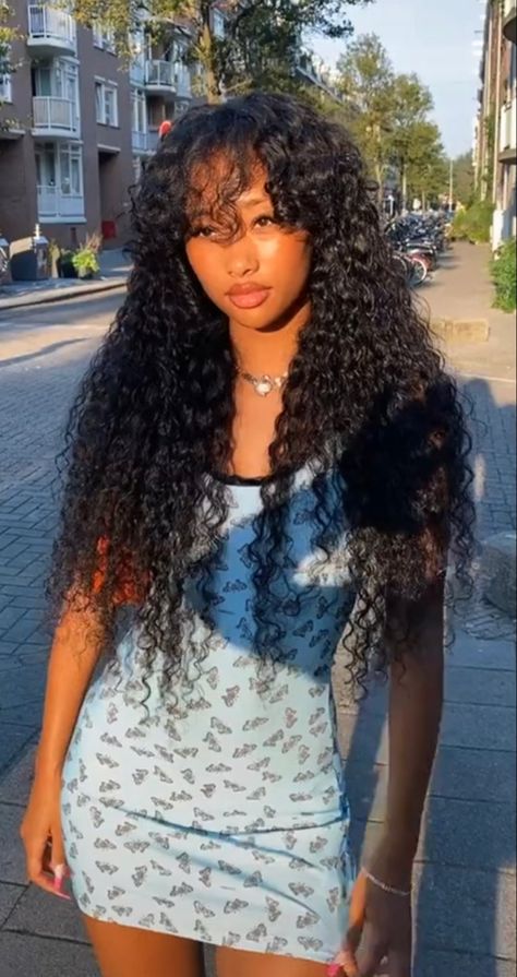 Long Curly Black Hairstyles, Curly Long Hair Black Women, Bangs With Long Hair Curly, Curly Sew In Weave With Bangs, Faceclaims Curly Hair, Long Curly Hair With Bangs Black Women, Wavy Poofy Hair, Black Girls Hairstyles With Bangs, Curly And Wavy Hairstyles