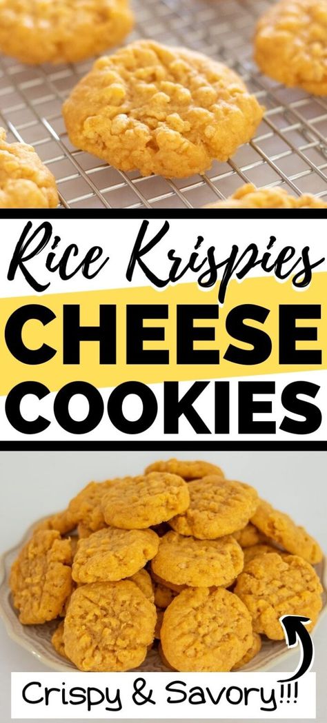 Cheddar cheese cookies with Rice Krispies are delightfully crunchy and savory with a nice kick of spice. Serve them as a snack or appetizer alone or add them to your appetizer board. #cheese #appetizer #easyappetizer #savorysnack Cheddar Cheese Cookies, Cheese Crispies, Crackers Seasoned, Cookies With Rice Krispies, Christmas Munchies, Cheese Appetizers Easy, Savory Cookies, Cheese Straws Recipe, Cheese Cookies Recipe