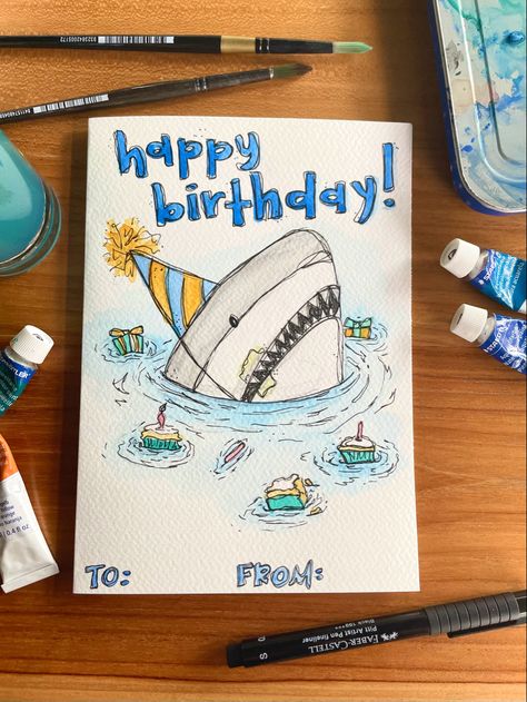 Birthday card handmade with watercolors Cute Homade Birthday Card Ideas, Drawings For Boyfriend Birthday, Shark Birthday Cards Handmade, Handmade Fishing Birthday Cards, Cute Bday Card Drawings, What To Put On A Birthday Card, Cute Best Friend Card Ideas, Homemade Boyfriend Birthday Cards, Boys Cards Birthday