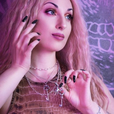 @InchooBijoux posted to Instagram: Can't decide which necklace to wear today? If you look at this pic of @natasha_nebula , layering chains and pendants is always a good choice of look too! 🗝  Pic by @marisaparisella  #inchoobijoux #gothgirl #alternativegirl #witch #witchcraft #altmodel #silverring #burlesque #vamp #claw #goth #occult #witchesofinstagram #gothgirls #gothmodel #silverjewelry #handmadejewelry #madeinmontreal #witchlife #witchery #gothglam #altgirl #etsyjewelry #witchy #key #pa Palmistry Hand, Goth Model, Goth Glam, Pastel Goth Fashion, Alt Girl, Layered Chains, Alternative Girls, Pastel Goth, Etsy Jewelry