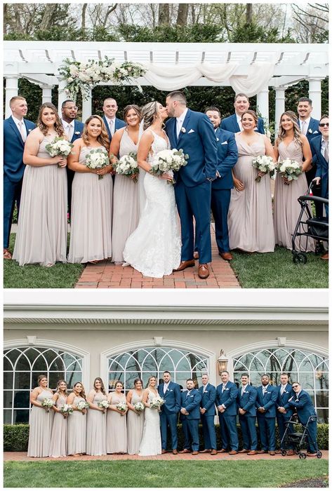 Navy Champagne Wedding Colors, Beige And Navy Wedding Party, Navy And Beige Wedding Color Schemes, Navy Wedding Bridal Party, Champagne Bridesmaid Dresses Navy Groomsmen, Navy And Champagne Suit, Wedding Color Schemes Navy Suit, Navy And White Bridesmaid Dresses, Gold And Navy Wedding Party