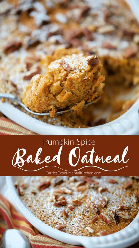 Baked oatmeal made with rolled oats, pumpkin puree and spices is a deliciously hearty Fall breakfast idea.  #oatmeal #breakfast #pumpkin #glutenfree Pumpkin Pie Baked Oatmeal, Baked Apple Oatmeal, Night Oats, Apple Pie Oatmeal, Pumpkin Pie Oatmeal, Banana Baked Oatmeal, Quinoa Bowls, Pies Recipes, Breakfast Oatmeal Recipes