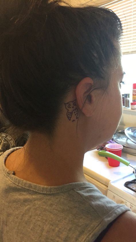 Behind The Ear Owl Tattoo, Small Owl Tattoos For Women, Tattoos For Women Behind Ear, Small Owl Tattoos, Small Behind The Ear Tattoo, Owl Tattoos For Women, Tiny Owl Tattoo, Simple Owl Tattoo, Bow Tie Tattoo