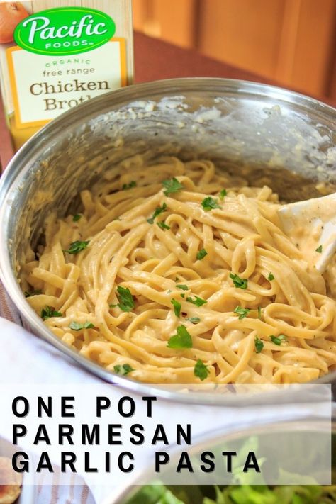 #AD One-pot parmesan garlic pasta is perfect for a delicious weeknight dinner as even the pickiest eaters enjoy it! The sauce is made with milk, grated parmesan and @pacificfoods Organic Free Range Chicken Broth for a rich and perfectly seasoned flavor. Add a protein and veggie and dinner is done in less than 30 minutes! #PacificFoods #SpecificallyPacific Chicken Broth Recipes Dishes, Pasta With Milk, Pasta Sauce Recipes Easy, Make Chicken Broth, Garlic Chicken Pasta, Garlic Parmesan Pasta, Chicken Broth Recipes, Crockpot Pasta, Easy Pasta Sauce