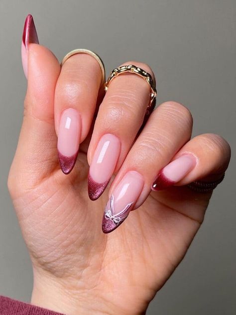 Red magnet French tips with a ribbon accent Red French Tip Nails, Red French Manicure, Red French Tip, Valentines Nail Art Designs, Nail Desi, Nail Tip Designs, Velvet Nails, Sky Nails, Pink Glitter Nails