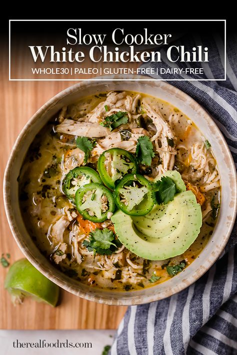 Healthy Chili Crockpot, White Chicken Chili Recipe Crockpot, Slow Cooker White Chicken Chili, Chili Salad, Slow Cooker Chicken Chili, Crockpot White Chicken Chili, White Chili Chicken Recipe, Northern Beans, Real Food Dietitians