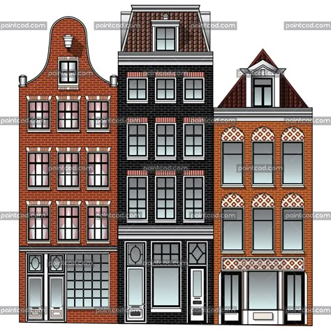 Three Dutch Renaissance canal houses from Amsterdam city Dollhouse Architecture, Drawing Street, Paper Village, Amsterdam Architecture, Townhouse Exterior, Architecture Classic, Amsterdam Houses, Dutch House, Canal House