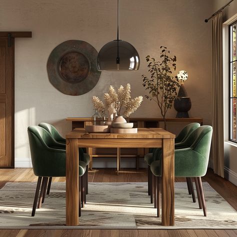 Kody Parsons Velvet Chairs for Dining Room Green Velvet Dining Room Chairs, Earthy Tone Dining Room, Green Accent Dining Room, Dining Room Green Chairs, Brown Dining Room Ideas, Green Velvet Dining Room, Dark And Moody Dining Room, Brown Dinner Table, Orange Dining Room