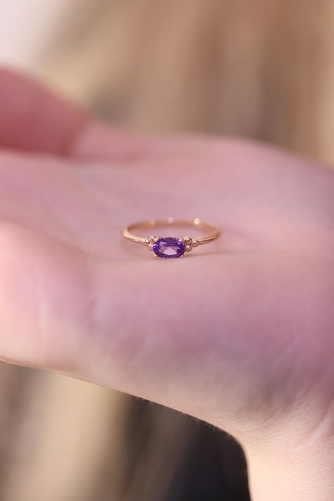 "Genuine Amethyst Ring / February Birthstone / 14k & 18k Gold Purple Amethyst Ring Available in Gold, Rose Gold and White Gold ❥ ITEM DETAILS ---> Gold Color of Choice : Yellow Gold, Rose Gold, White Gold ---> Material : 14k ( 585 ) or 18k ( 750 ) Real Gold. It is not gold filled or gold plated ---> Made to order ---> Band Thickness : 1.35 mm ---> Band Width : 1.30 mm ---> Amethyst Cut: Oval ---> Size of Amethyst: 4x6 ---> Number of Stones: 1 ---> Setting Type: Pro Purple Wedding Rings, Purple Amethyst Ring, Gold Bar Necklace, Gold Signet Ring, Amethyst Gem, Rose Gold White, Gold Engraving, Amethyst Jewelry, February Birthstone