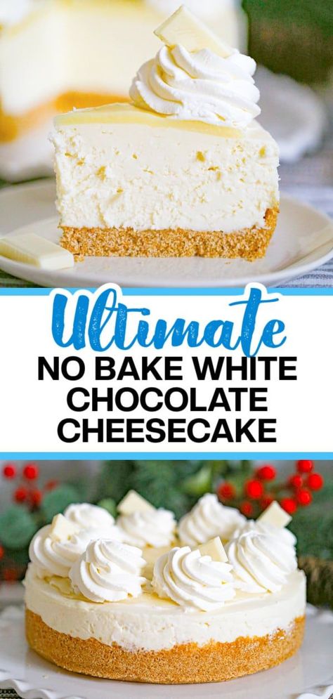 Indulge your taste buds with this easy No Bake White Chocolate Cheesecake recipe. This creamy cheesecake is enhanced with the sweet flavor of white chocolate and topped with a rich white chocolate ganache, making it the perfect dessert that’s sure to be a hit with your guests! Pie, Pandas, Creamy No Bake Cheesecake, No Bake Black Forest Cheesecake, No Bake Cheescake, Creamy Cheesecake Recipes, Popular Cheesecake Flavors, White Chocolate Desserts Easy, Rich Cheesecake Recipes