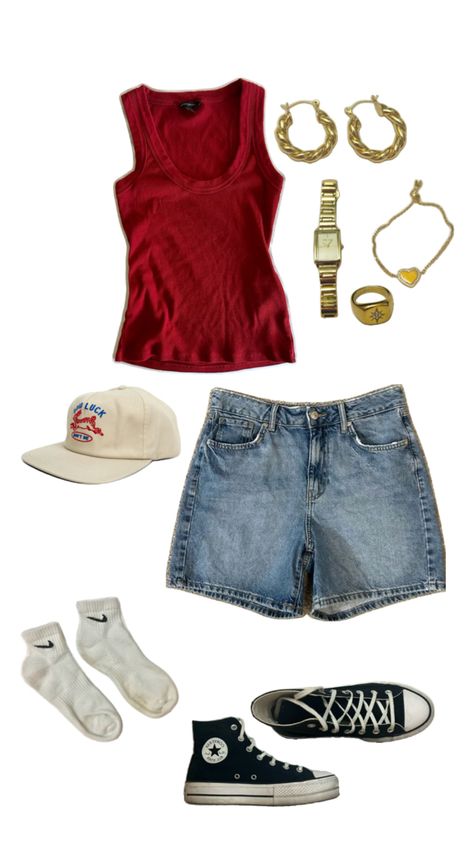 red tank top jean shorts gold jewelry hat summer outfit cute casual aesthetic Red Tank Top Outfit, Hat Summer Outfit, Summer Tank Top Outfits, Tank Top Outfit, Cute Summer Outfit, Top Jean, Red Tank Top, Tank Top Outfits, Hat Summer