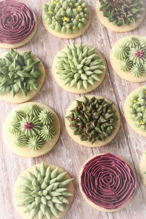 Succulent Cookies, Sugar Cookie Buttercream Frosting, Buttercream Cookies, Wedding Shower Cookies, Lavender Cookies, Succulent Cupcakes, Succulent Cake, Buttercream Decorating, Frosting Colors