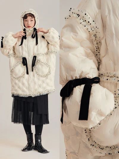 Outer - ARCANA ARCHIVE – Page 50 Punk Street Style, Lace Hoodie, Arcana Archive, Ski Fashion, Dress Cake, White Duck, Mid Length Skirts, Swan Lake, Warm Coat