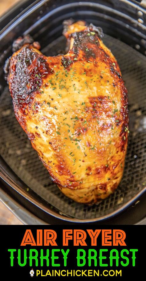 Air Fryer Turkey Breast - hands down the best turkey I've ever eaten. SO tender and juicy. Cooks in under an hour! Bone-in turkey breast marinated in Italian dressing and Worcestershire sauce and cooked in the air fryer. Perfect for the holidays or any day of the week. The turkey meat is great for your holiday meal, casseroles, soups, and sandwiches. A must if you have an air fryer! #airfryer #thanksgiving #turkey #turkeybreast #christmas Air Fryer Turkey Breast Bone In, Turkey Breast Air Fryer Recipe, Airfryer Turkey Breast, Air Fry Turkey Breast, Turkey Air Fryer Recipes, Turkey Breast In Air Fryer, Ninja Foodi Turkey Breast, Turkey Air Fryer, Air Fry Turkey