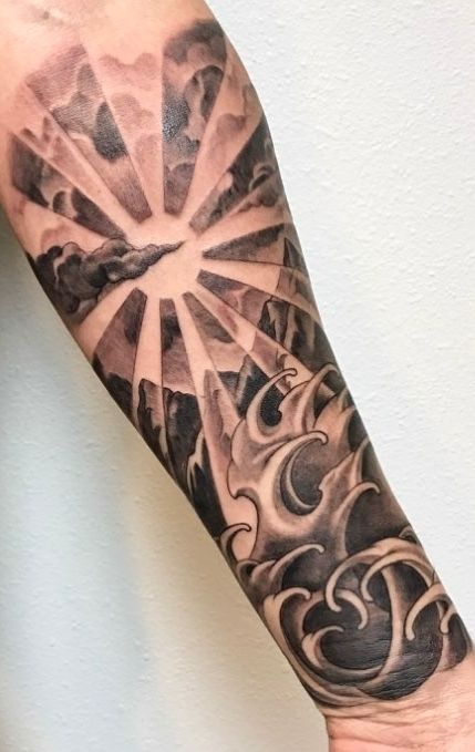 Sun Sleeve Tattoo, Cloud Tattoo Sleeve, Cloud Tattoo Design, Japanese Sun, Simple Tattoos For Guys, Men Tattoos Arm Sleeve, Sharpie Tattoos, Forearm Sleeve Tattoos, Cloud Tattoo