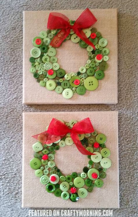 Button christmas wreath crafts for kids to make on a canvas for gifts! Button Crafts, Christmas Decorations Diy Crafts, Christmas Wreath Craft, Diy Jul, Christmas Crafts To Sell, Christmas Crafts For Adults, Christmas Buttons, Fun Christmas Crafts, Noel Christmas