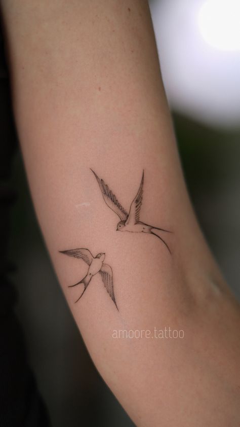 Woman’s Tatoos, Twin Bird Tattoo, Flying Swallow Tattoo, Two Bird Tattoos For Women, Couple Bird Tattoos, Pair Of Birds Tattoo, Bird Sun Tattoo, Small Bird Tattoos For Women Arm, Fine Line Swallow Tattoo