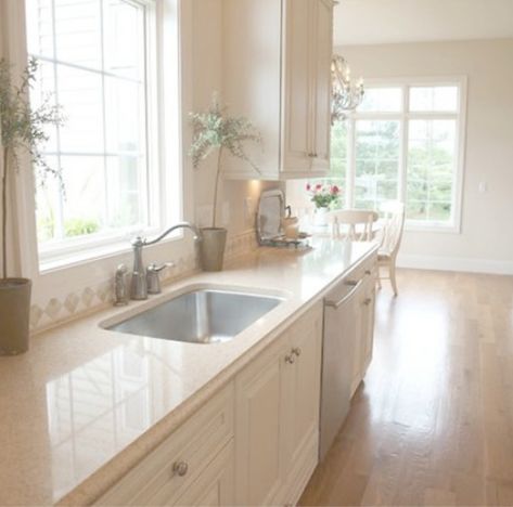 Benjamin Moore White Sand paint color in serene monochromatic French country kitchen - Hello Lovely Studio. Come discover warm white paint colors! #paintcolors #benjaminmoore #whitesand #whitepaintcolors #warmwhitepaints Vanilla Frost Paint Color, Benjamin Moore White Sand Kitchen, Warm White Kitchen Cabinets, Benjamin Moore White Sand, Warm White Paint Colors, Hall Paint, Sand Paint Color, Warm White Paint, Pantry Dimensions