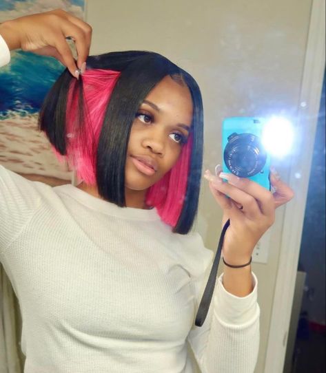 Peakaboo Bob Side Part, Bob With Pink Underneath, Side Part Peek A Boo Bob, Pink And Black Bob Black Women, Black Bob With Pink Underneath, Pink And Black Hairstyles Black Women, Bob With Color Underneath Black Women, Bob Quick Weave Hairstyles With Color, Middle Part Bob With Color