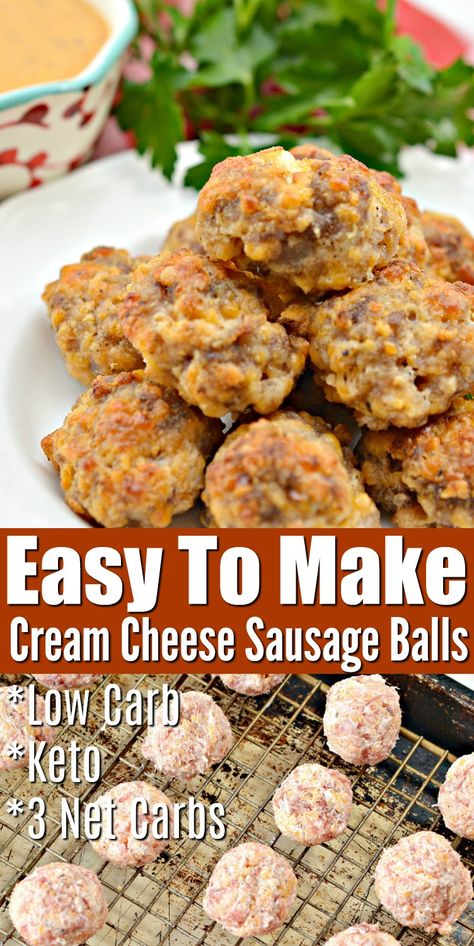 Low Carb Sausage Balls With Cream Cheese, Sausage Cheese Balls Keto, Low Carb Grab And Go Breakfast, Bariatric Football Food, Low Carb Cheese Ball Recipe, Keto Cream Cheese Sausage Balls, Keto Sausage Balls With Cream Cheese, Sausage Cream Cheese Keto Recipes, Things To Make With Cream Cheese Dinners