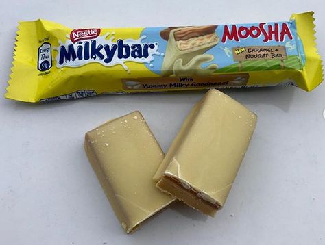 Milkybar Moosha, a rather special Caramel & Nougat Bar coated in Milkybar chocolate. It’s a bit like a Mars or Milkyway coated in Milkybar and is pretty delicious. Very sweet and milky, with plenty of toffee flavour, the nougat has a toffee flavour to it rather than chocolate nougat like a Mars bar does and it fits well with the other flavours. (uk only) Kawaii, Caramel Nougat, Milky Bar, Chocolate Pictures, Mars Bar, Chocolate Bar, Toffee, Candy Bar, Mars