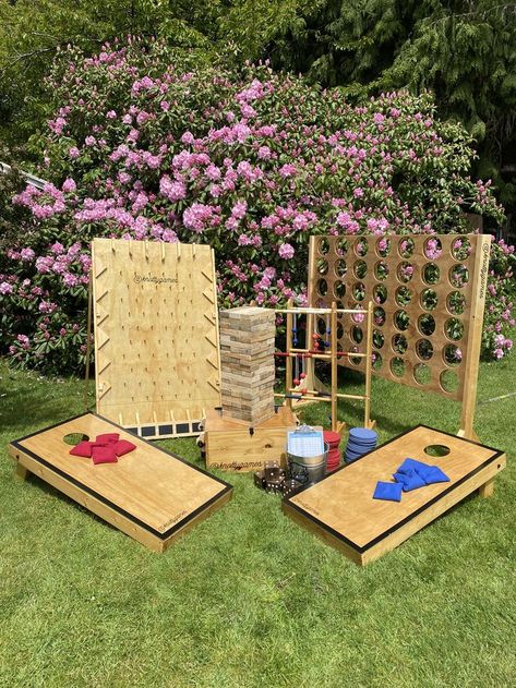 Giant lawn game rentals in Vancouver, BC, Canada. Beautiful designs. Giant Connect4, Giant Jenga, Corn Hole, Ladder Golf, Yardzee, Plinko. Yard Games Wedding, Giant Lawn Games, Giant Outdoor Games, Giant Yard Games, Ladder Golf, Party Rental Ideas, Lawn Games Wedding, Reception Games, Diy Yard Games