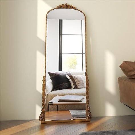 Elegant Old-World Design: The classic black mirror features an ornate, baroque-inspired frame, adding a touch of traditional charm to your wall decor. Its vintage-inspired look effortlessly complements various interior styles, particularly light and warm color schemes. Versatile Room Decor: The arched mirror is perfectly sized for hanging on the living room wall or entryway console. Antique Full Length Mirror, Antique Floor Mirror, Arched Floor Mirror, Baroque Mirror, Full Length Floor Mirror, Baroque Decor, Gold Mirror Wall, Ornate Mirror, Metal Floor