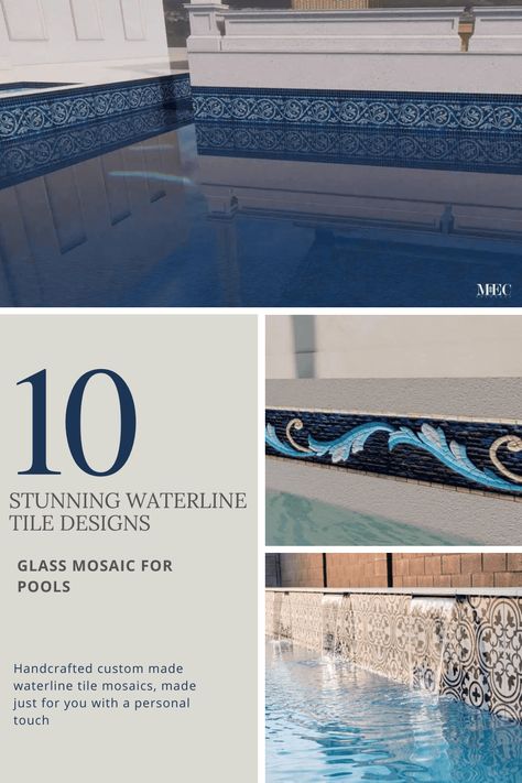 Choosing the Perfect Waterline Pool Tile - Plus 5 Glass Mosaic Design Ideas - MEC Blog Blue Pool Tile Waterline, Aquabella Tile Pool, Water Line Tile For Pool, Pool Waterline Tile Trends 2024, Dark Pool Tile, Pool Tile Ideas Waterline, Choosing Pool Tile, Modern Pool Tile Ideas, Pool Tiles Ideas