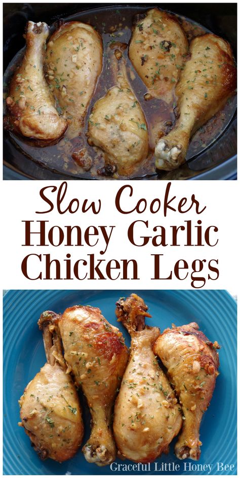 Try this quick and easy Slow Cooker Honey Garlic Chicken Leg recipe on gracefullittlehoneybee.com #slowcooker #crockpot #chicken #chickenlegs Chicken Leg Slow Cooker, Crockpot Chicken Leg Recipes, Slow Cooker Honey Garlic Chicken, Chicken Meatball, Chicken Leg Recipes, Chicken Thigh Recipes Crockpot, Tasty Chicken, Popular Food, Lasagna Rolls