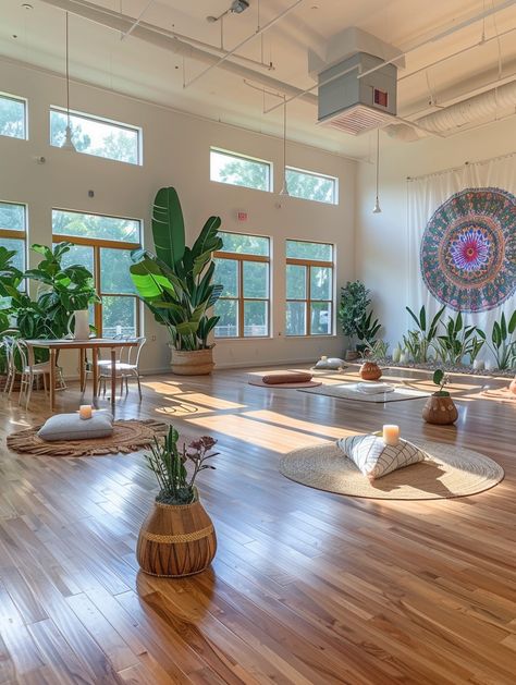 10 Relaxing Yoga Studio Design Inspirations – TastyInteriors Group Therapy Interior Design, Yoga Studio Mural Ideas, Yoga Basement Ideas, Boho Yoga Studio Design, Yoga Studio Design Ideas Color Schemes, Yoga Studio With Plants, Yoga Home Aesthetic, Industrial Yoga Studio, Yoga Studio Lighting Ideas