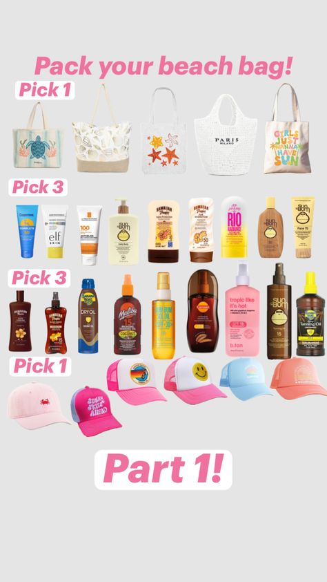 Pack your beach bag! Part 1 💗 Packing Tips, Beach Bag Aesthetic, Sephora Skin Care, Challenge Games, Preppy Jewelry, Hawaiian Tropic, Bag Aesthetic, Tanning Oil, Packing Tips For Travel