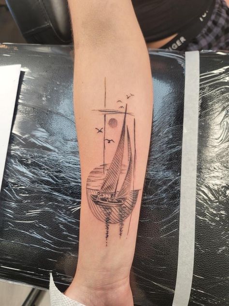 Geometric Sailboat Tattoo, Sailboat Tattoo For Women, Yacht Tattoo, Sailing Tattoo, Sailboat Tattoo, Boat Tattoo, Tattoo 2024, Back Tats, Linework Tattoo