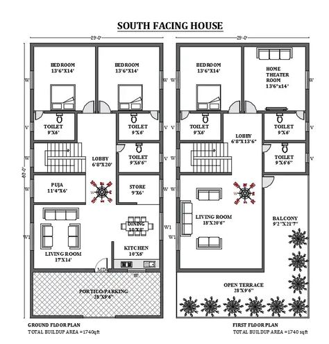 29'X60' South facing house plan according to vastu shastra is given in this 2D autocad plan download now. - Cadbull South Facing Duplex House Plans, South Face House Plan Vastu, South Facing House Plans Vastu, House Plan According To Vastu, South Facing House Plan, Home Plan Drawing, Autocad Plan, One Floor House Plans, Drawing House Plans