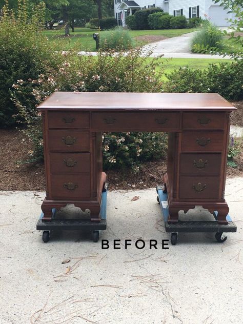 Score! How great is it when you’re out thrifting and luck up and find a nice piece of furniture for $15? That is exactly what happened! With just a few scratches to repair and needing a good cleaning, this desk was one of my easier furniture projects. I used Dixie Belle Paint's White Lightning cleaner and a Scotch Brite scouring sponge. This cleaner is great for cleaning furniture before painting. It comes in powder form which you mix with water. I made a batch and stored it in an… Painted Desks Ideas Colors, White Desk Makeover, Wood Desk Makeover, Writing Desk Makeover, Home Office Wood Desk, Office Wood Desk, Desk Makeover Ideas, Antique Desk Makeover, Vintage Desk Makeover