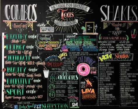 A Herbalife Menu wall done in chalk markers. Artwork by @winternightowlart and @sneu.uens on instagram. Herbalife Club Menu Ideas, Herbalife Clubs Decor, Herbalife Store Ideas, Herbalife Nutrition Club Menu Board Ideas, Nutrition Club Bar Ideas, Herbalife Menu Board Ideas, Herbalife Shop Ideas Decor, Herbalife Nutrition Club Ideas Decor, Herbalife Club Ideas Decor