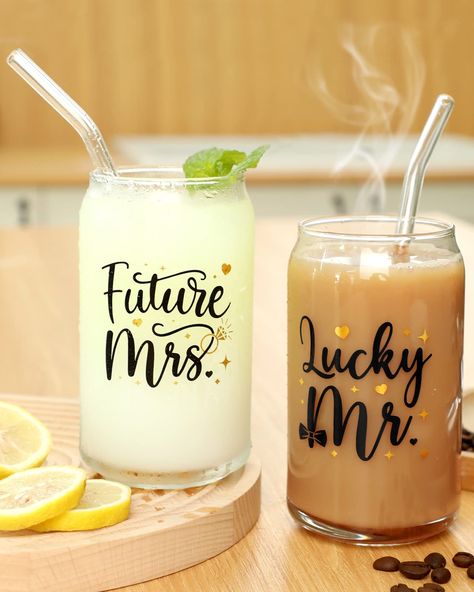 PRICES MAY VARY. 💒 Lucky Mr. & Future Mrs. Engagement Glass Set - Package includes 2 Mr. & Mrs. themed beer can glasses, 2 glass bend straws, and 1 straw brush. It is a gorgeous proposal, engagement, or wedding planning gift for soon-to-be-married couples. 🥂 Quality Glass - Designs are applied on one side of the glass using a high-quality permanent gloss black and glitter gold vinyl that the perfect color combination greatly adds to the overall aesthetic and stylish. Hand washes to ensure the Bridal Shower Cricut Ideas Gift, Couple Cups Ideas, Engagement Gifts For Groom, Engagement Cups, Engagement Wine Glasses, Engagement Glasses, Mr And Mrs Gifts, Engagement Party Themes, Beer Can Glasses