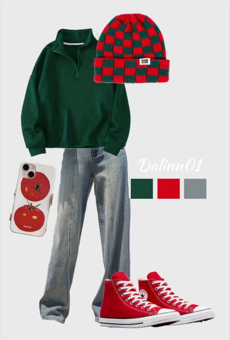 Red and green outfit inspiration Red Converse Outfit Ideas, Red And Green Outfit, Green Shoes Outfit, Green Sweater Outfit, Red Converse Outfit, Christmas Fits, Red Converse, Outfits With Converse, Spirit Week