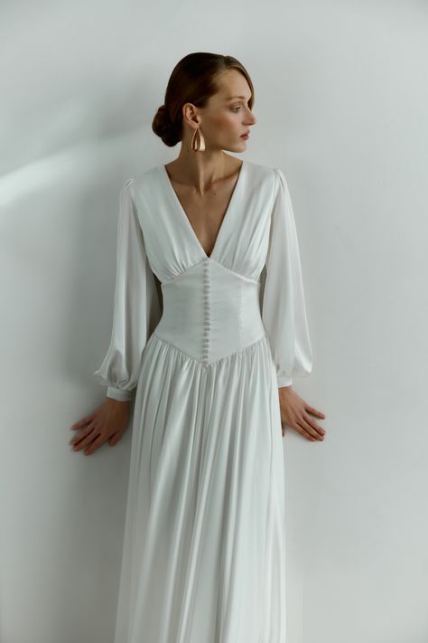 ELLERY | Reev Bridal White Boho Dress Long Sleeve, Wedding Dresses Mid Sleeve, Aline Sleeve Wedding Dress, 70s Long Sleeve Wedding Dress, Long Sleeve Button Down Wedding Dress, And For Love Wedding Dress, Minimal Vintage Wedding Dress, Wedding Dress Cool Sleeves, Wedding Dresses Long Sleeve Satin