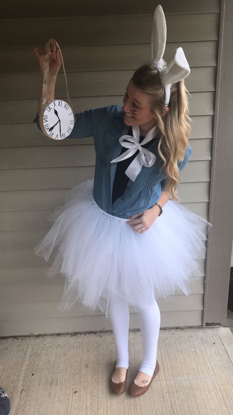 Diy Alice In Wonderland Rabbit Costume, Alice In Wonderland Homemade Costumes, Alice In Wonderland Womens Costume, Alice In Wonderland Themed Costumes, Alice I Wonderland Costume, Bookweek Costumes 2022, White Rabbit Costume Diy Women, Diy Alice And Wonderland Costumes, Diy Alice Costume For Women