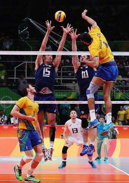 Wallace de Souza of Brazil spikes the ball during the Men's Gold Medal Match… Volley Ball Picture, Volly Bal, Spiking Volleyball, Wallyball, Brazil Volleyball Team, Brazil Volleyball, Spiking In Volleyball, Volleyball Photography Action, Molten Volleyball