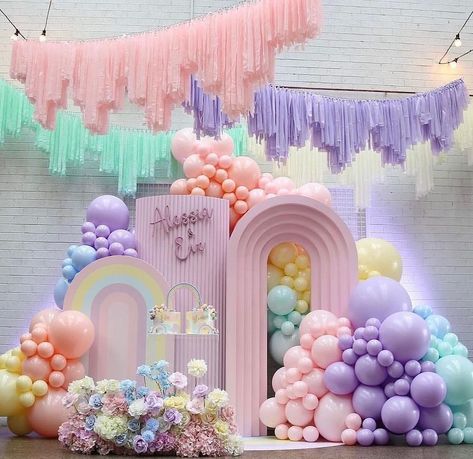 Pastel rainbow first birthday theme and decorations Balloons Purple, Rainbow Birthday Party Decorations, Teal Balloons, Unicorn Birthday Decorations, Wedding Pastel, Rainbow Themed Birthday Party, Candy Theme Birthday Party, Rainbow Party Decorations, Yellow And Teal