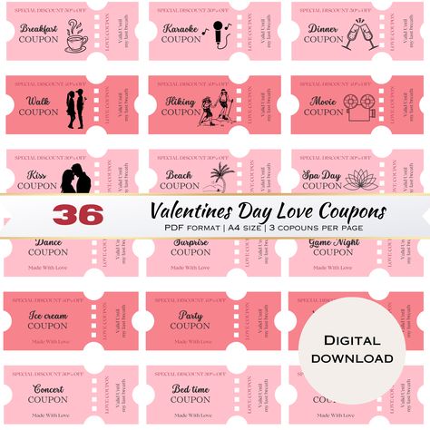 Surprise your special someone with our set of 36 Love Coupons, the perfect Valentine's Day gift. Ideal for him or her, these printable love vouchers are also great for anniversaries and couples. Each coupon is designed to add a touch of romance and fun to your relationship. Instantly download this digital product and print the vouchers for a personalized and thoughtful gift. Show your love in a unique way with these beautifully crafted love coupons. Love Coupons For Him, Coupons For Boyfriend, Back To School Kids, Gift Printable, Love Coupons, Binder Covers, Coupon Book, Couple Gift, Valentine Day Love