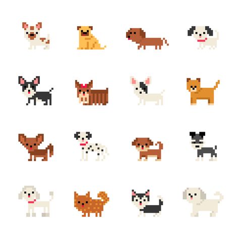 Pixel Art Dog Character Vector Icons Stitch People Dogs, Dog Cross Stitch Pattern Free, Pixel Art Dog, Dog Pixel Art, Pixel Dog, Pixel People, Pixel Pokemon, Dog Cross Stitch, Dog Character