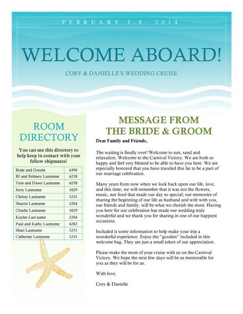 Cruise Wedding Welcome Letter Newsletter by PicturePerfectBooks Cruise Beach Wedding, Cruise Destination Wedding, Cruise Vow Renewal Ideas, Cruise Wedding Ideas Carnival, Cruise Wedding Decorations, Cruise Ship Wedding Ideas, Wedding Cruise Ideas, Travel Goodie Bags, Cruise Wedding Ideas