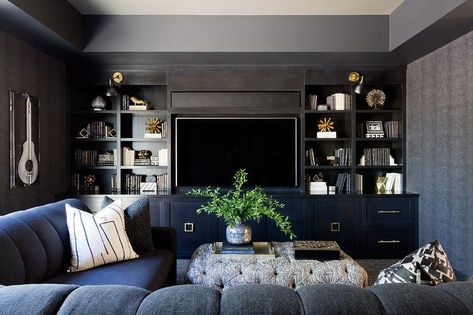 Dark, mysterious and attractive, this black tv room boasts an oversized black sectional with channel tufting and black and white pillows. Black Room Ideas, Black Rooms, Black Living Room, Black Room, Trendy Living Rooms, Living Room Tv Wall, Family Room Design, Living Room Grey, Contemporary Living Room