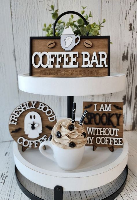 Halloween tiered tray decor. Decor includes: - Coffee Bar sign 4.5 Spring Coffee Bar Ideas, Spooky Coffee Bar, Bar Styling Ideas, Coffee Tiered Tray Decor, Coffee Bar Styling, Coffee Tiered Tray, Halloween Tiered Tray Decor, Cooking Thanksgiving Dinner, Coffee/wine Bar