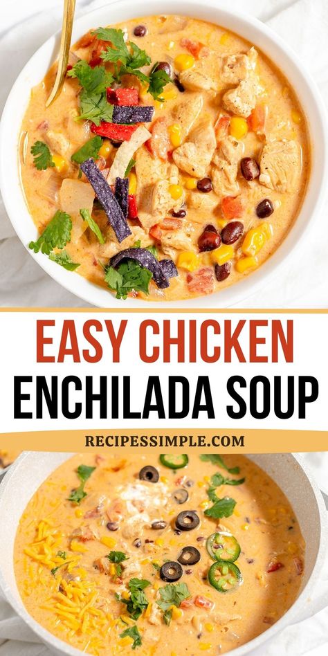 This Chicken Enchilada Soup recipe is a hearty and flavorful dish that is easy to make in just 40 minutes. Perfect easy soup recipe for chilly weeknight meals. Vegan Chicken Enchilada Soup, Chicken Enchilada Soup With Velveeta, Chicken Enchilada Soup Easy Stovetop, Chilis Chicken Enchilada Soup Recipe Copycat, Cheesy Chicken Enchilada Soup Crock Pot, Enchilada Soup Crockpot Easy, Comfort Food With Chicken, Easy Chicken Enchilada Soup Crock Pot, Creamy Enchilada Soup Crockpot