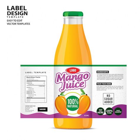 Juice Bottle Packaging Label Design, Fruit Juice Label Design, Mango Nutrition Facts, Juice Label Design, Label Minuman, Bottle Packaging Design, Fruit Juice Packaging, Label Produk, Package Template