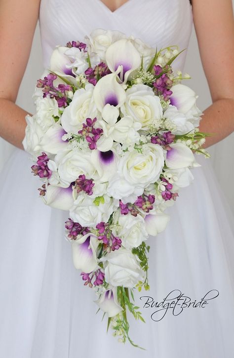 Blue Orchid Davids Bridal Wedding Flowers Cascading Bouquet White, Flower Cascade, Kona Wedding, Bridal Wedding Flowers, Cascading Bouquet, Cascading Bridal Bouquets, Cascading Wedding Bouquets, Wedding Bouquets Bride, Bridal Bouquet Flowers